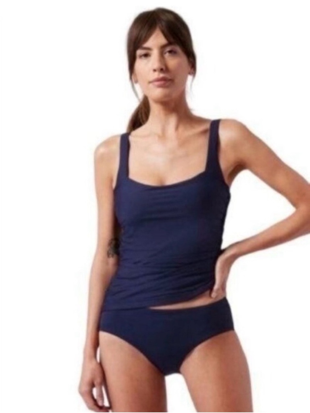 Athleta Square Neck Bra Cup Swim Tankini Blue UPF 50+ 32 D/DD New